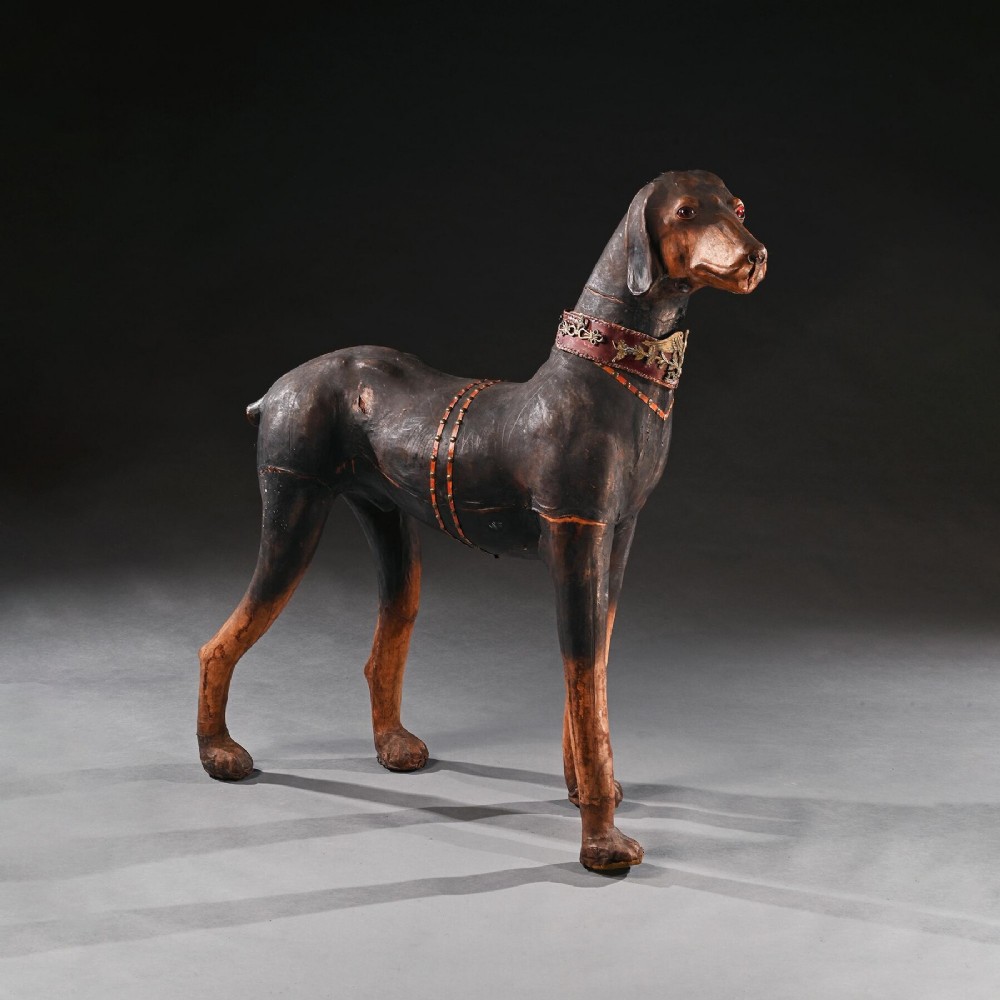 An Extraordinary Huge French Leather Model of a Doberman Pinscher Dog Wearing Elaborate Collar with Ormolu Mounts and Harnesses