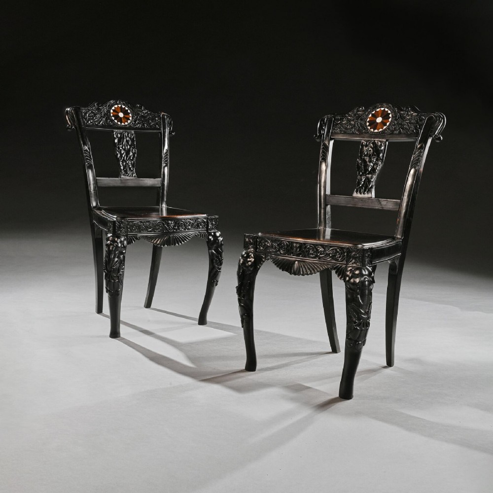 Pair of Ceylonese 19th Century Carved Ebony Side Chairs with Specimen Inlay Galle District