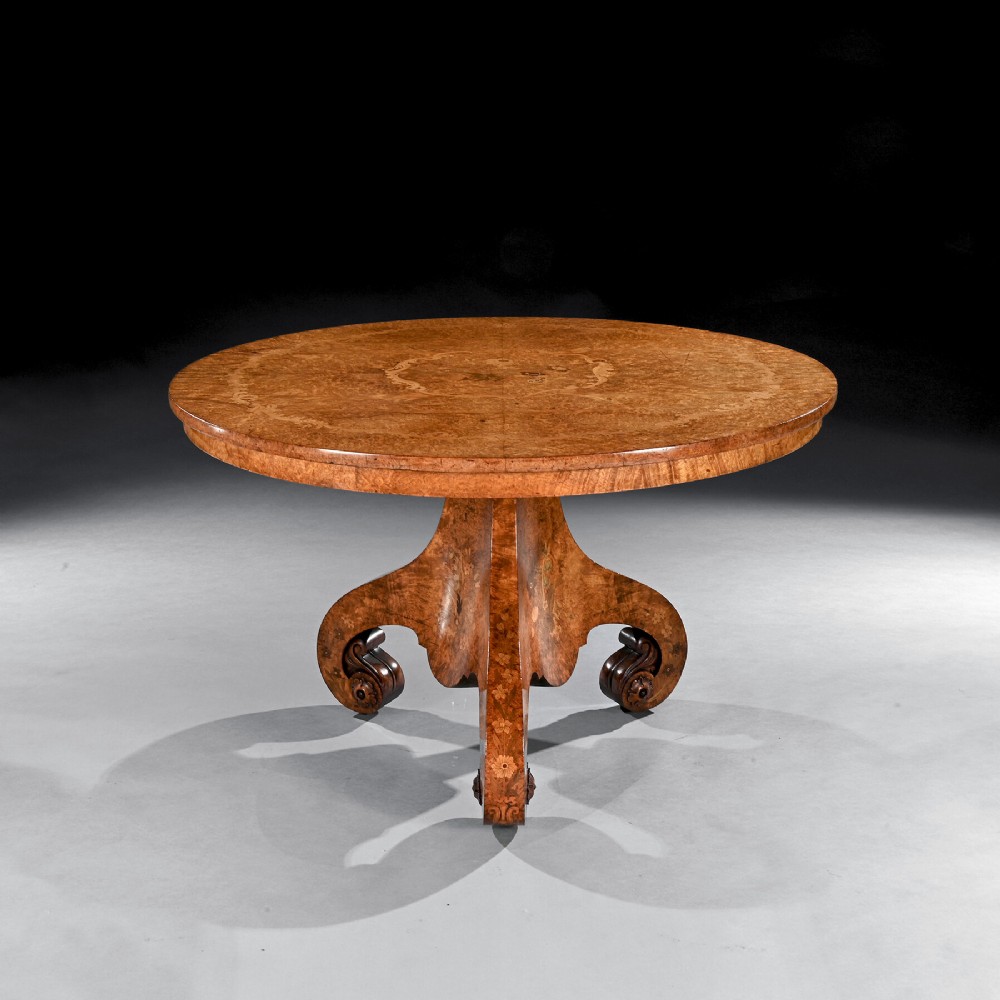 Burl Amboyna and Marquetry Centre Table Attributed to George Blake and Co and Probably Retailed by Edward Holmes Baldock