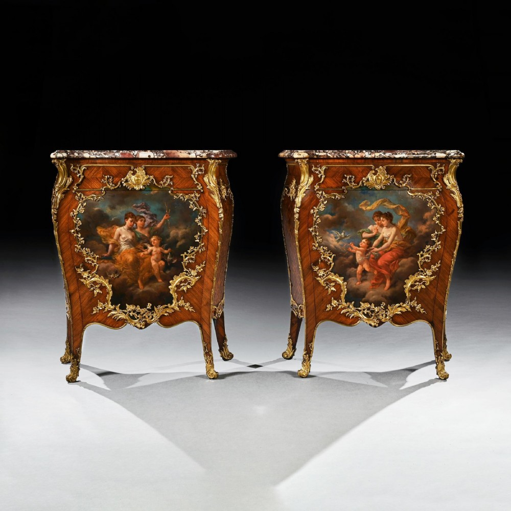 A pair of 19th-century French kingwood petit commodes featuring shaped marble tops, gilt-bronze mounts, cabriole legs, and Vernis Martin hand-painted panels depicting classical figures. View II