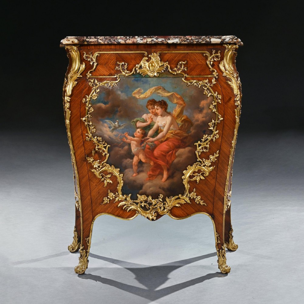 A pair of 19th-century French kingwood petit commodes featuring shaped marble tops, gilt-bronze mounts, cabriole legs, and Vernis Martin hand-painted panels depicting classical figures. View VIII