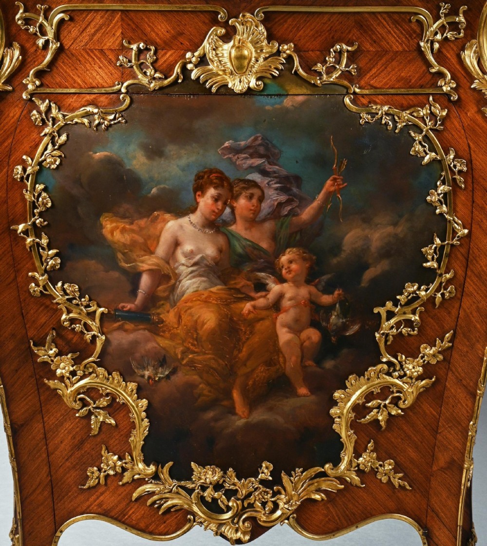 A pair of 19th-century French kingwood petit commodes featuring shaped marble tops, gilt-bronze mounts, cabriole legs, and Vernis Martin hand-painted panels depicting classical figures. View XI