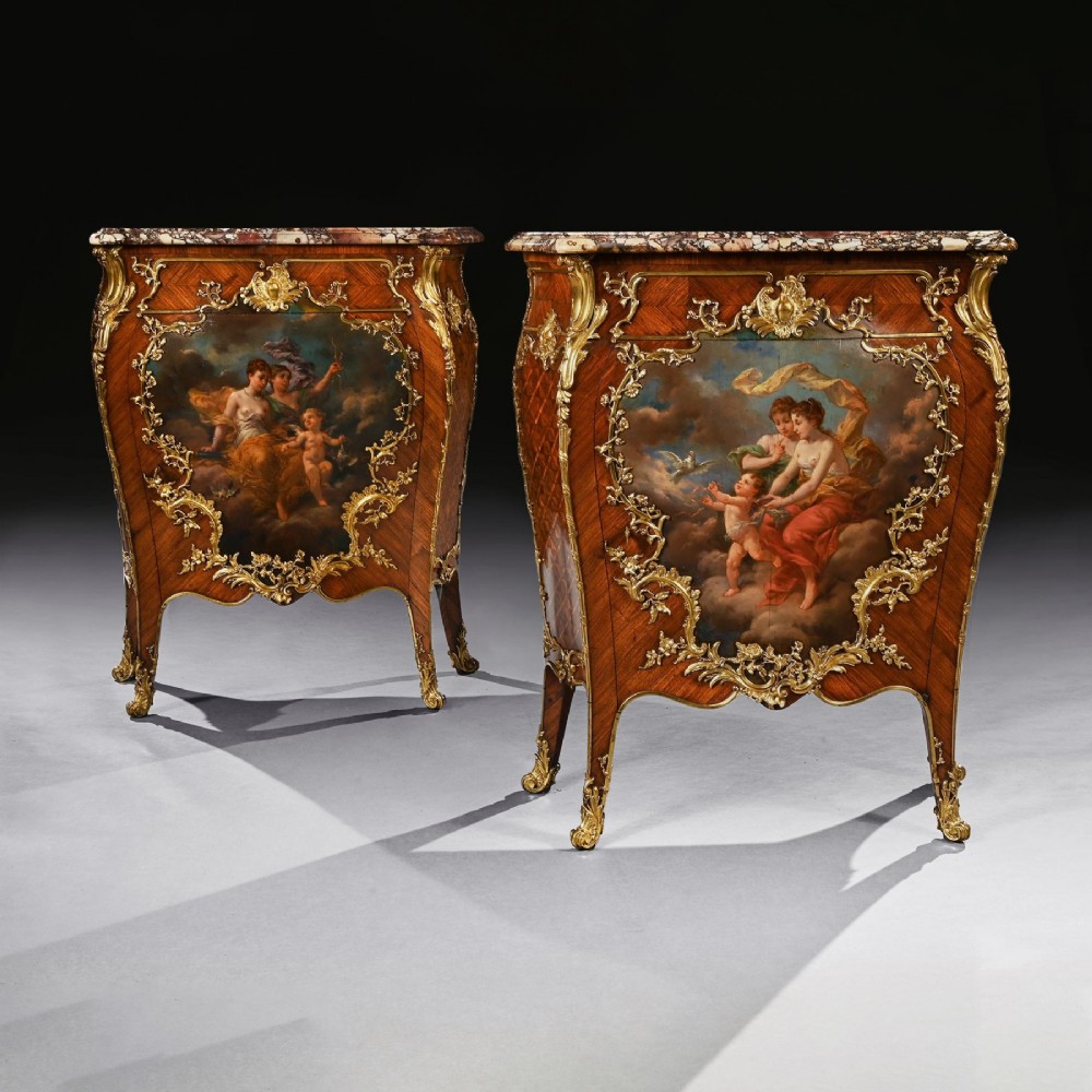 A pair of 19th-century French kingwood petit commodes featuring shaped marble tops, gilt-bronze mounts, cabriole legs, and Vernis Martin hand-painted panels depicting classical figures. View XIII