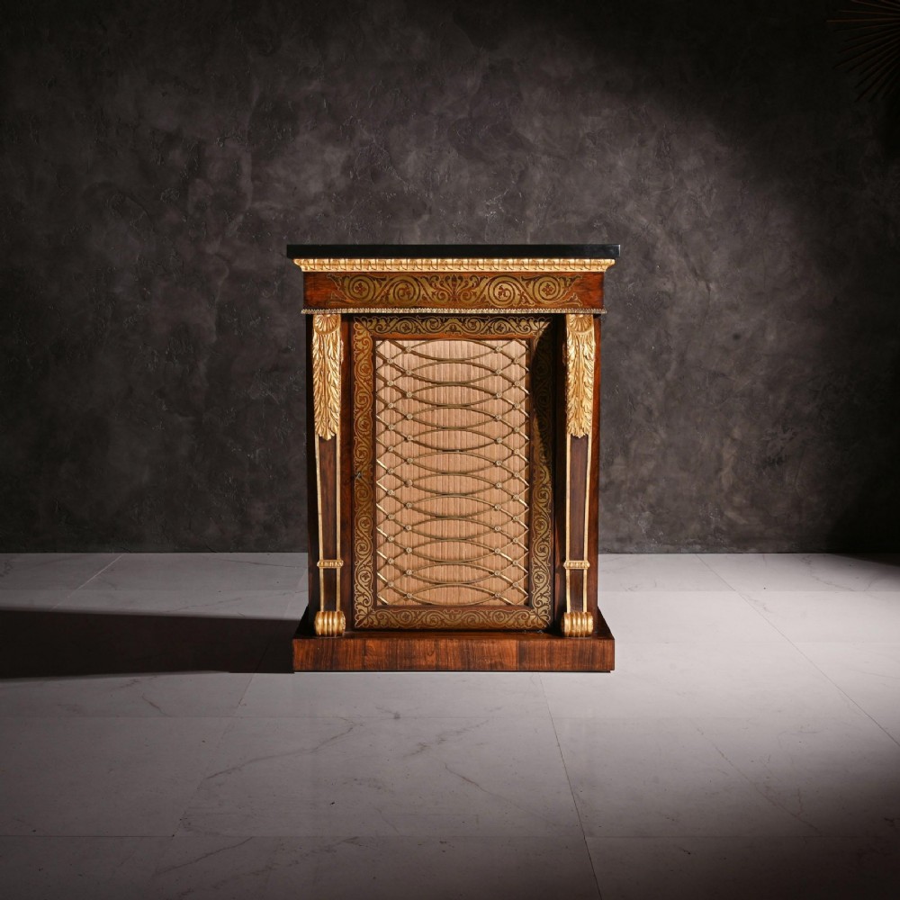 A pair of dark wood Regency side cabinets featuring intricate brass inlaid foliage, gilt corner mounts, brass wire mesh doors, and dark marble tops. View III