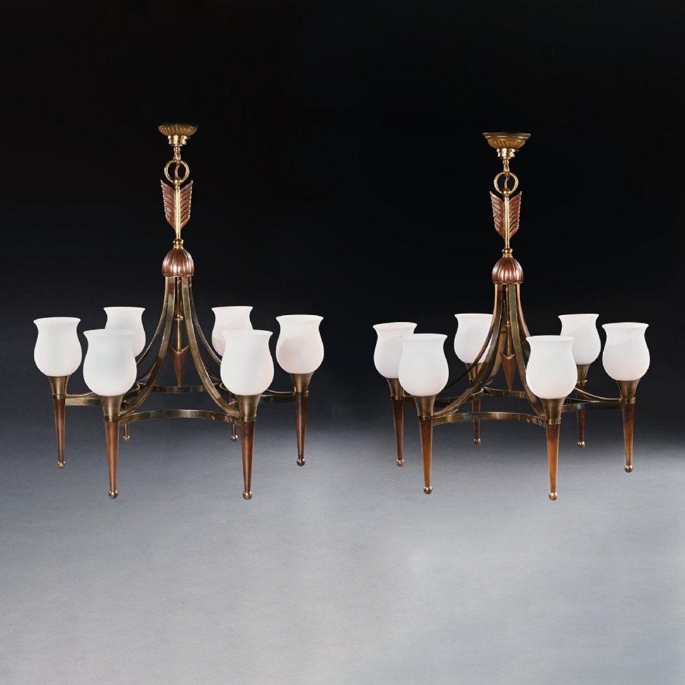 A mid-century brass and copper six-arm chandelier featuring a central arrow motif and frosted tulip glass shades. View VI