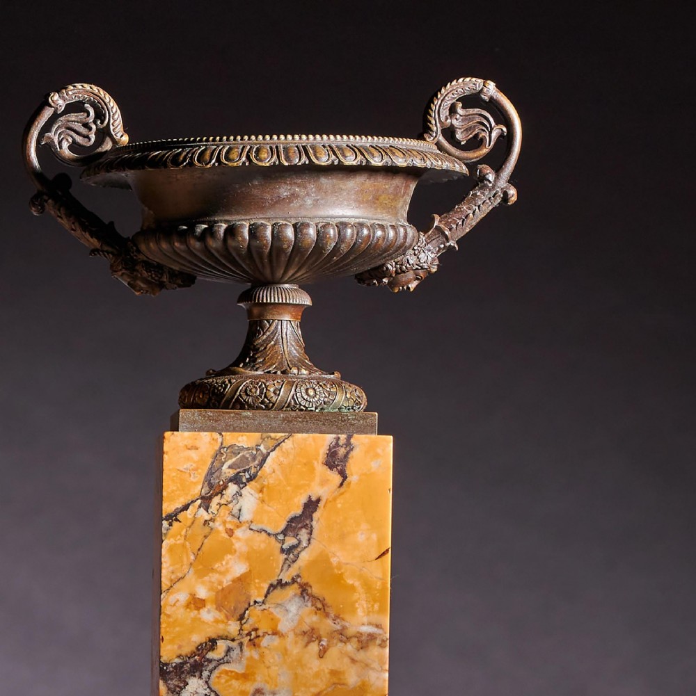 A pair of early nineteenth-century French patinated bronze tazzas with ornate scroll handles mounted on square veined yellow marble plinths. View VIII