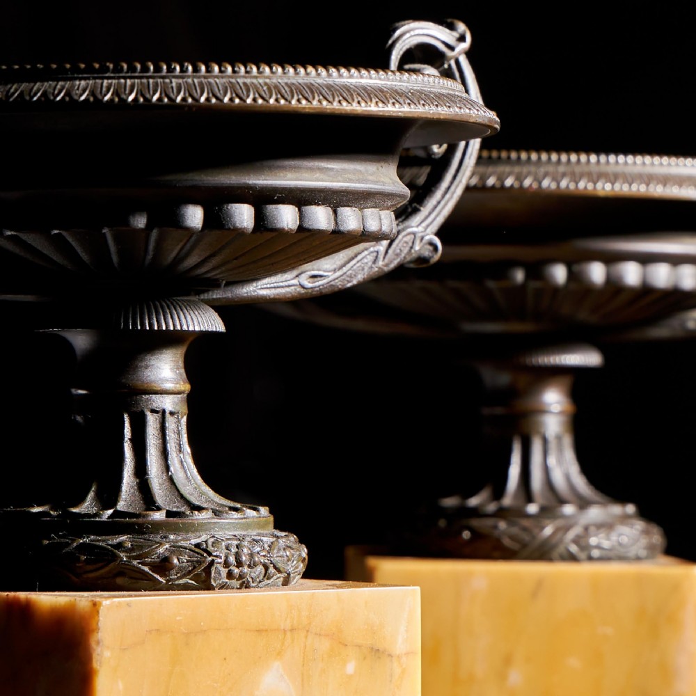 A pair of early 19th-century bronze tazzas with scroll handles mounted upon tall rectangular yellow Siena marble plinths. View VI