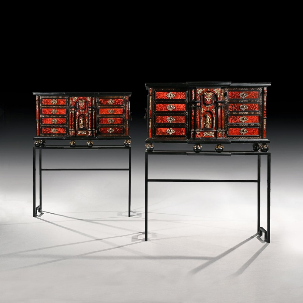 Pair of 17th Century Spanish Baroque Gilt Bronze Mounted Ebonised and Tortoiseshell Cabinets on Stands