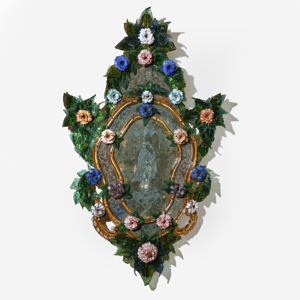 A pair of 18th-century Venetian Murano glass wall mirrors featuring decorative glass foliage, colourful glass flowers, etched central mirror plates, and gilt accents. View III