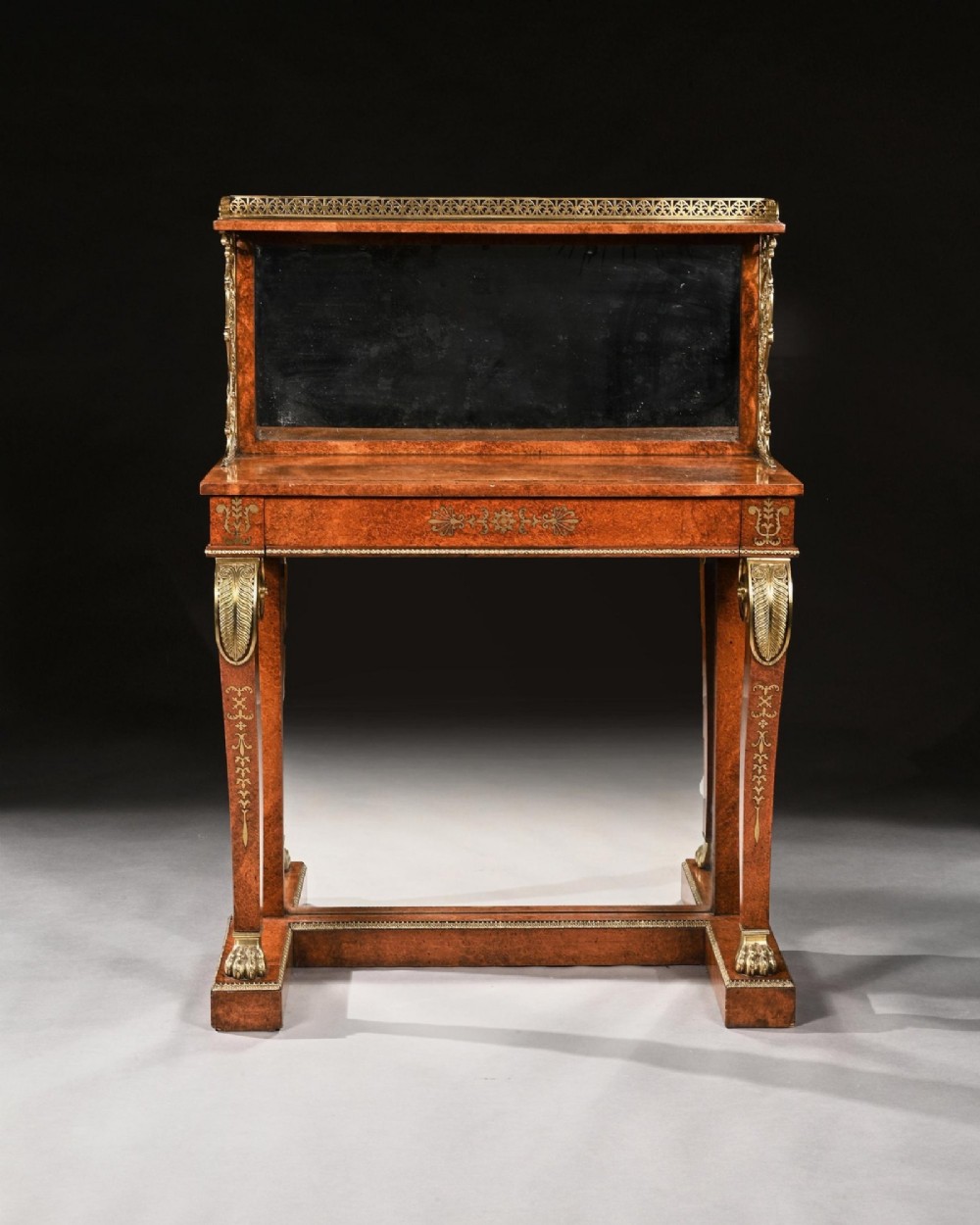 Regency Amboyna and Brass Inlaid Gilt Bronze Mounted Pier Table. View II