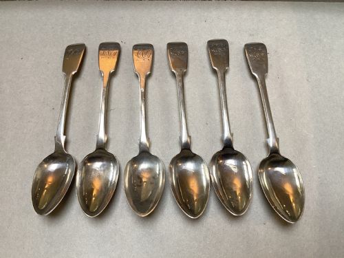  Assayed in Exeter 1847 by Joseph Futton
Set of six large matching tea spoons