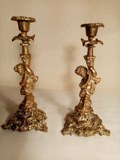 Pair of Solid Brass Cherub Candle Sticks