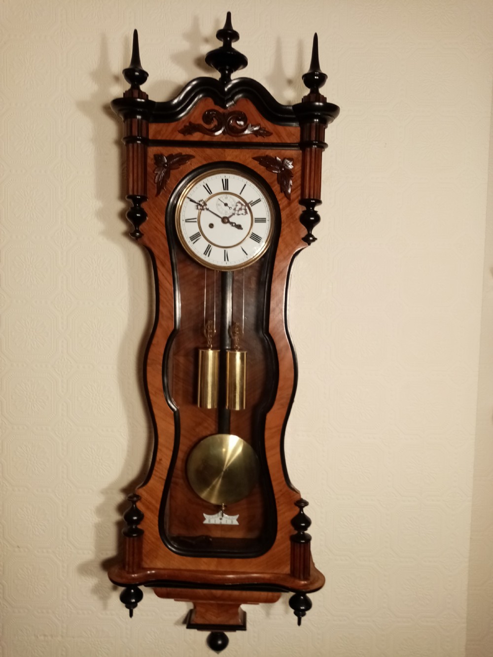 Walnut & Ebonised Serpentine Vienna Regulator Wall Clock