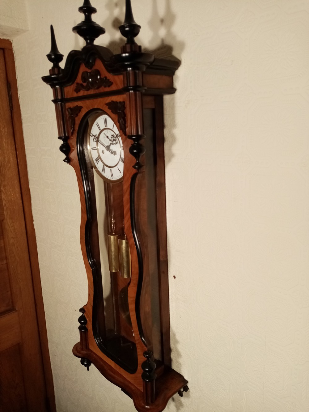 Walnut & Ebonised Serpentine Vienna Regulator Wall Clock View IX