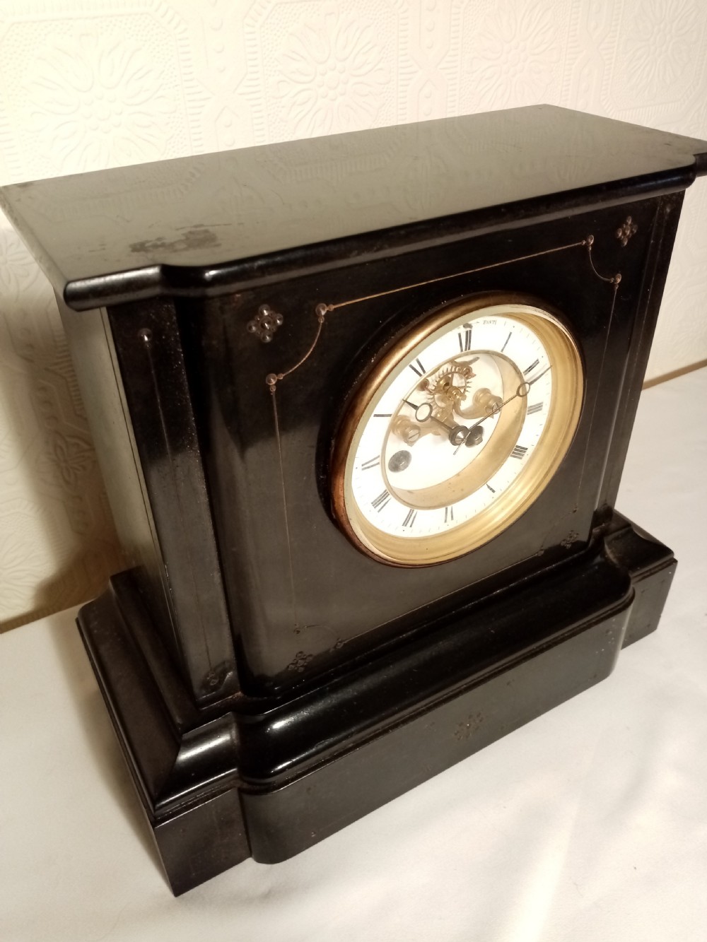 Black Slate Mantel Clock. Brocot Visible Escapement. View III