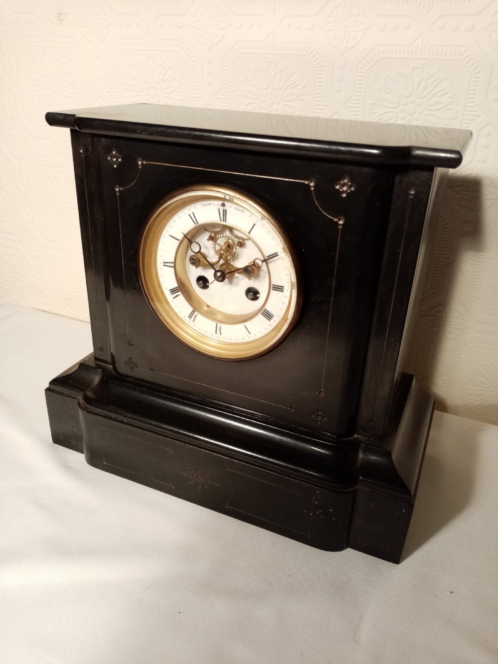Black Slate Mantel Clock. Brocot Visible Escapement. View IV
