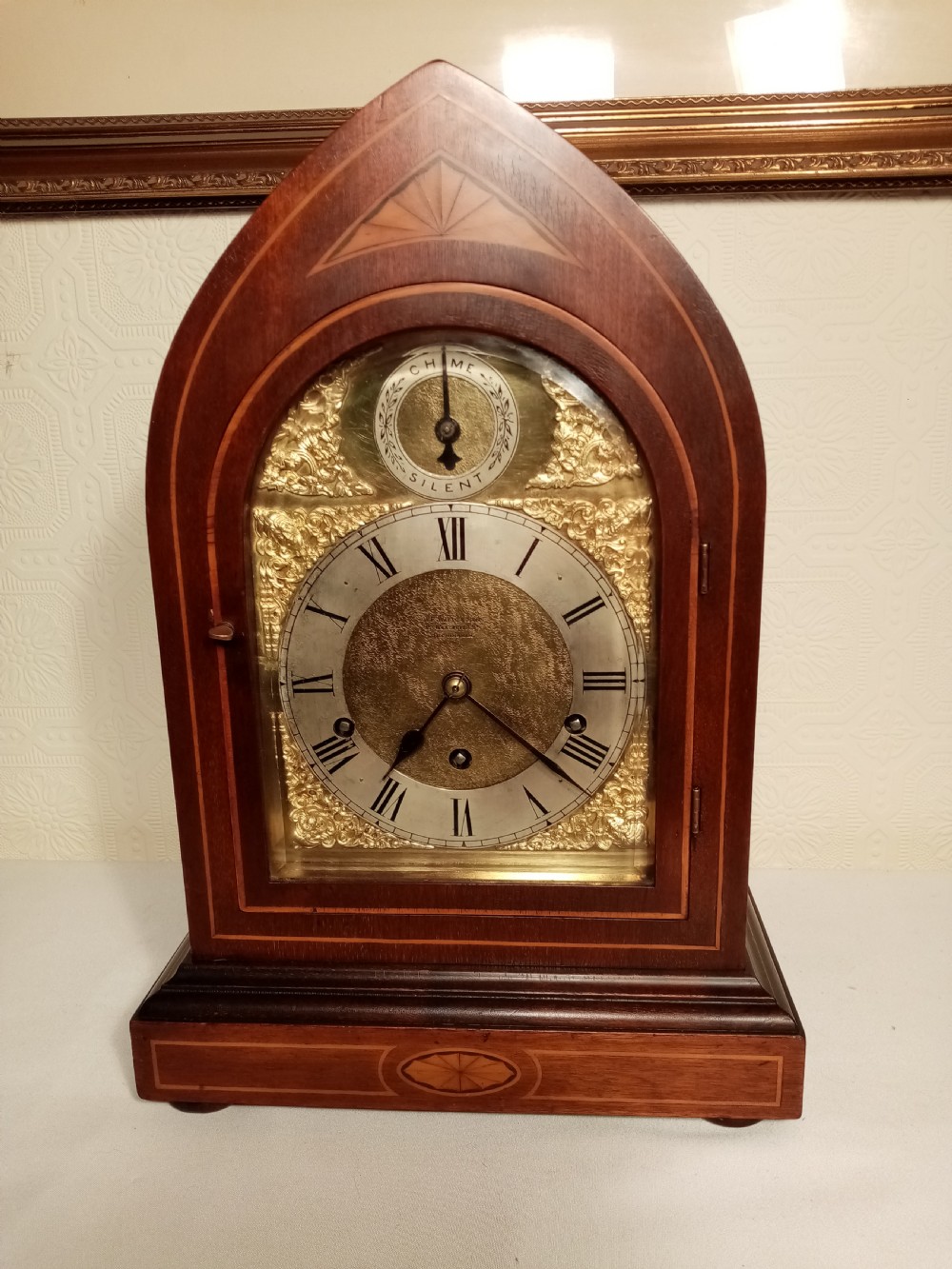 Westminster Chime, Lancet top, Mahogany Bracket/Mantel Clock. View VI
