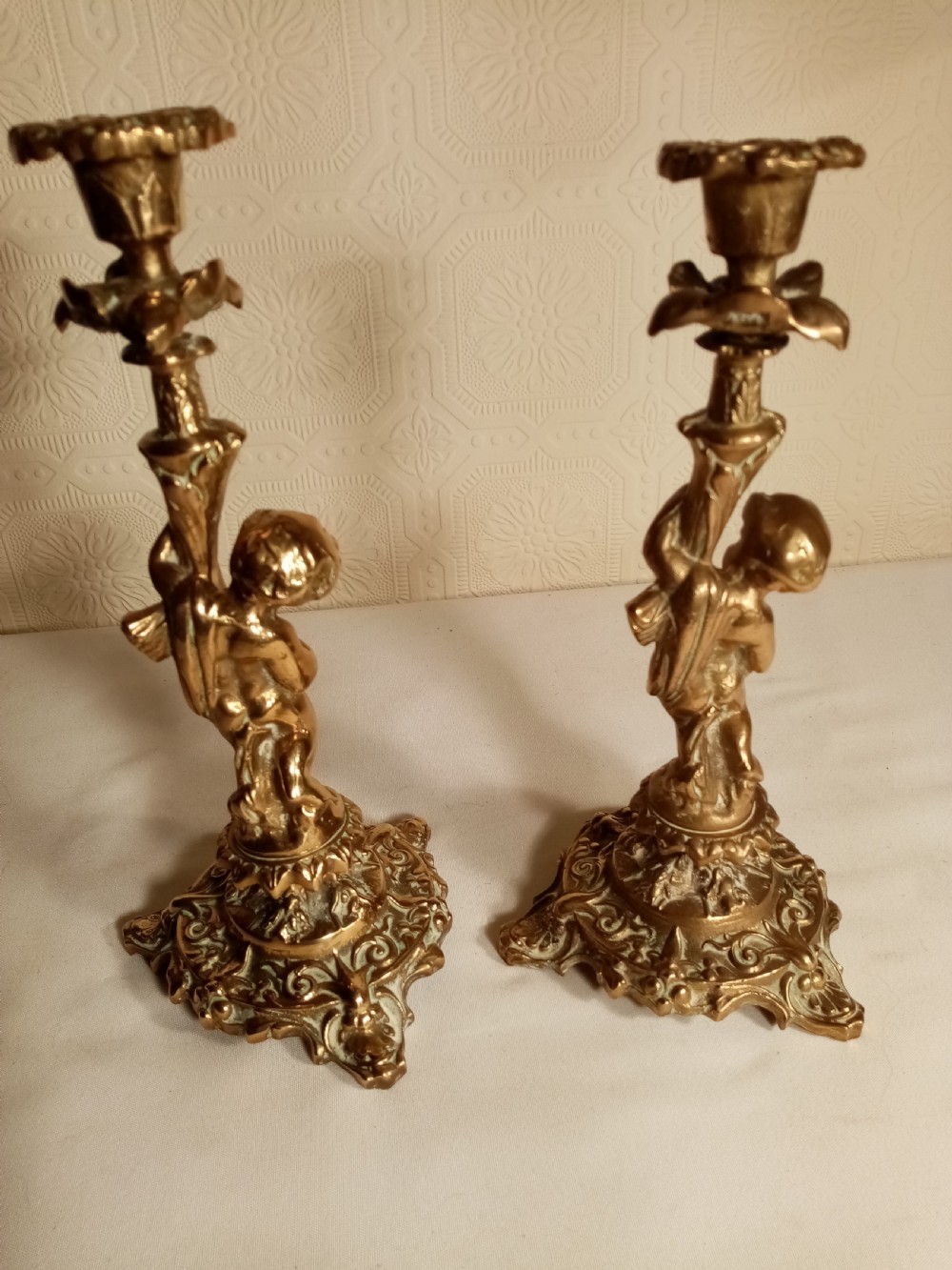 Pair of Solid Brass Cherub Candle Sticks View V