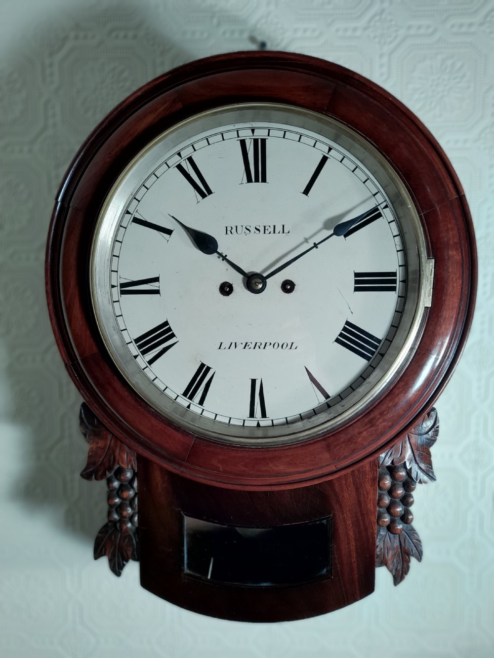 Twin-Fusee, Bell Striking Drop Dial Wall Clock. RUSSELL of LIVERPOOL