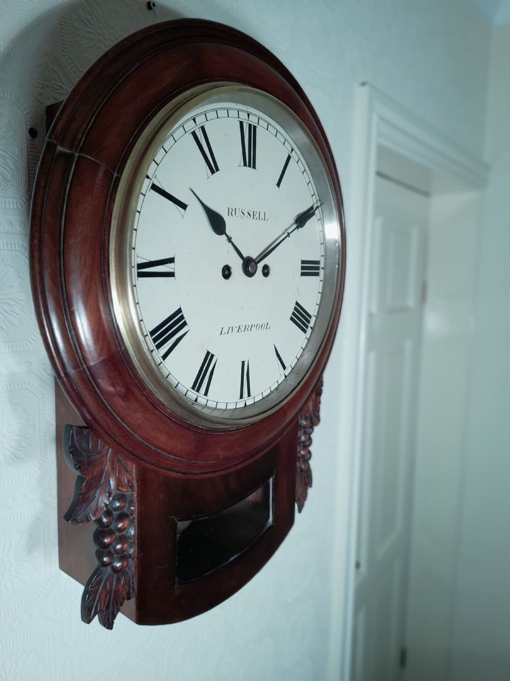 Twin-Fusee, Bell Striking Drop Dial Wall Clock. RUSSELL of LIVERPOOL View II