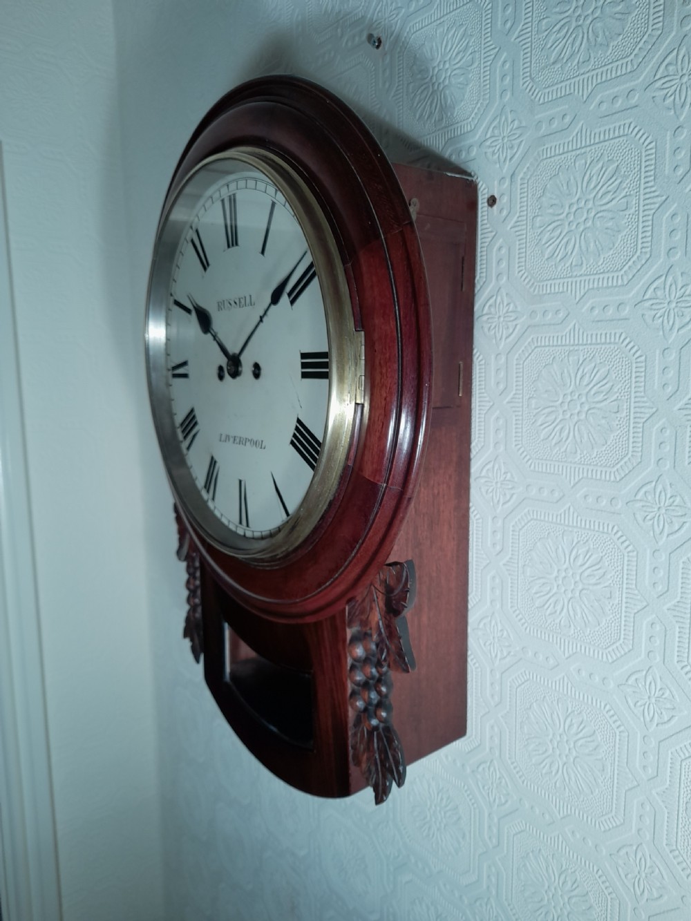 Twin-Fusee, Bell Striking Drop Dial Wall Clock. RUSSELL of LIVERPOOL View III
