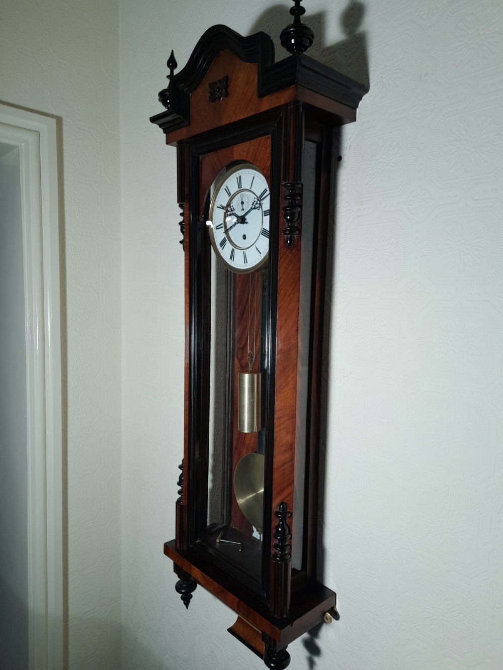 Walnut & Ebonised Slim-line Vienna Wall Clock View V