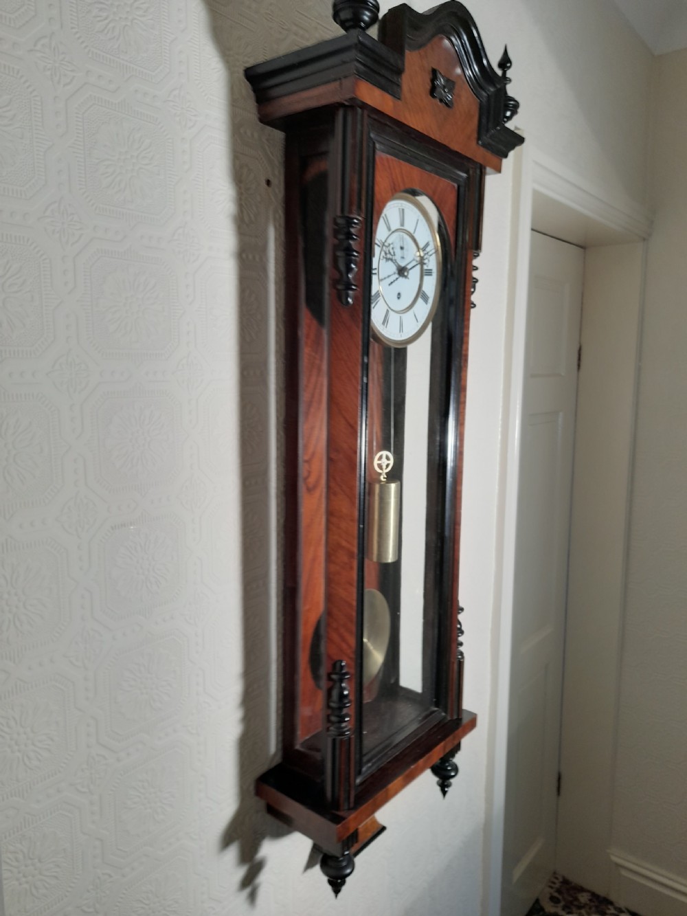 Walnut & Ebonised Slim-line Vienna Wall Clock View VI