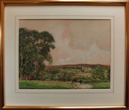fig 1. An original 1913 watercolour landscape painting by George Graham depicting Castle Bolton in the background with cattle and a figure on a dirt path beneath a soft pink sky.