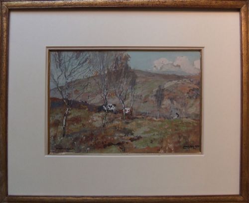 fig 1. An antique Scottish landscape oil painting depicting cattle grazing on a hillside amongst slender silver birch trees under a cloudy sky.