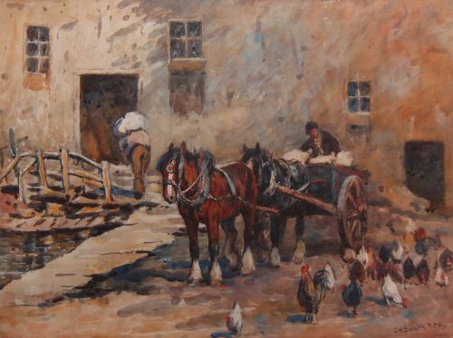 James William Booth "Unloading the Cart" Watercolour