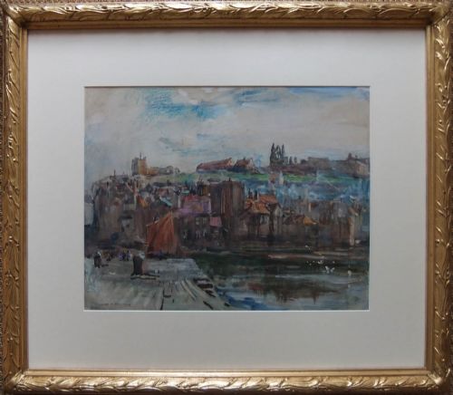 fig 1. A 1924 watercolour painting depicting the harbour and rooftops of Whitby with Whitby Abbey situated on the cliff skyline.
