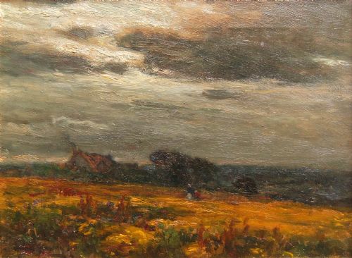fig 1. An oil painting on canvas depicting a field at dusk under a cloudy sky, set within a heavily carved gilt swept frame.