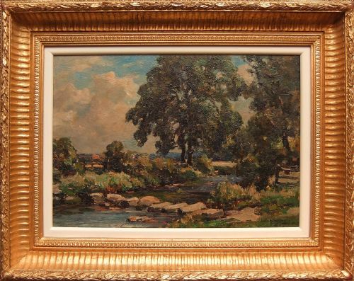 Owen Bowen "The Stepping Stones, Collingham" Yorkshire Oil Painting on Canvas