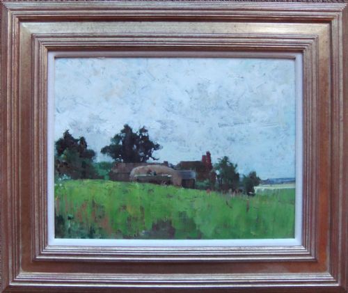 fig 1. An impressionistic oil painting depicting a North Yorkshire farmstead nestled among trees behind a field under an overcast grey sky.