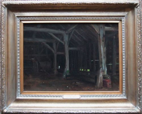 fig 1. An oil painting depicting the dark timber-framed interior of an agricultural cart shed with wooden beams and a cart.