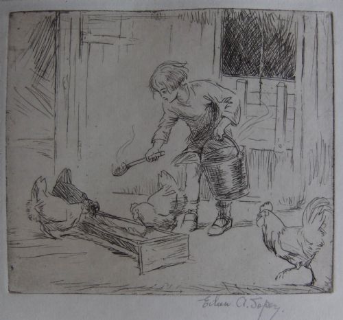 Eileen Soper "Feeding Chickens" Etching