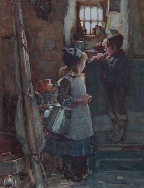 Henry Silkstone Hopwood "The Penny Whistle" Watercolour