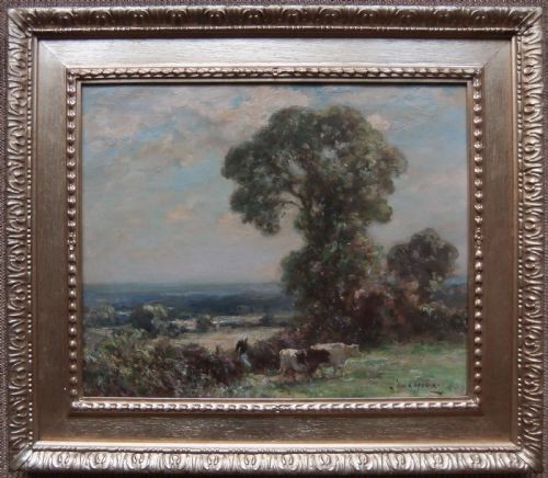fig 1. An impressionistic oil painting depicting an expansive rural landscape with a large central tree, rolling fields under a hazy sky, and a figure with cattle in the foreground.
