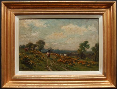 fig 1. An Edwardian oil landscape painting depicting cattle grazing along a gorse-lined track under a cloud-filled sky.