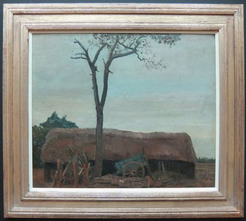 fig 1. An oil painting depicting a thatched barn behind a bare tree with a blue wooden cart leaning against the building under a grey sky.