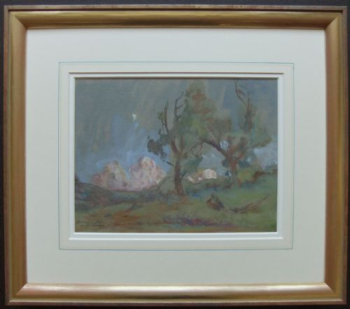 fig 1. A watercolour landscape depicting trees silhouetted against a muted, cloudy evening sky in shades of grey, green, and ochre.
