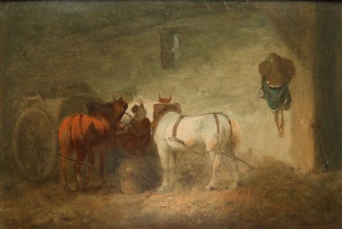 Julius Caesar Ibbetson "Horses in a Barn" Oil Painting