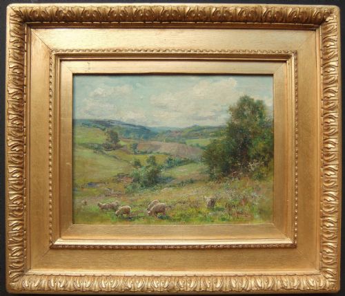 fig 1. An oil painting depicting a rolling green Yorkshire valley landscape with grazing sheep under a cloudy sky.