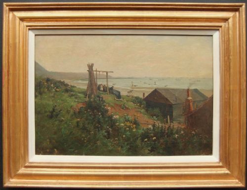fig 1. An antique impressionist oil painting depicting a coastal landscape in Filey with a wooden bothy, grassy headland, and distant ships on the sea.