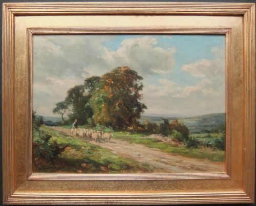 fig 1. An oil painting depicting a shepherd driving a flock of sheep along a dirt path beside large trees under a cloudy sky.