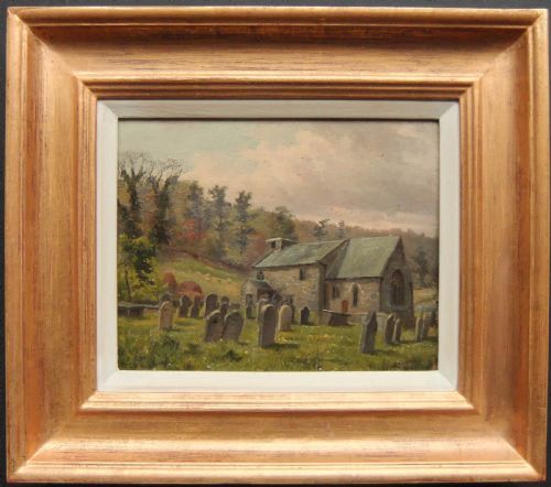 fig 1. An original oil painting depicting a historic stone church surrounded by headstones in a green, wooded Yorkshire landscape.