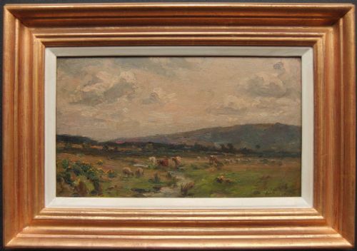 fig 1. An oil painting depicting cattle and sheep grazing in a green and brown field under an overcast sky with hills in the background.