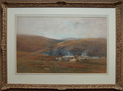 fig 1. A large 19th-century watercolour painting depicting the village of Braithwaite in Cumberland surrounded by rolling fell hills and grazing sheep under an overcast sky.