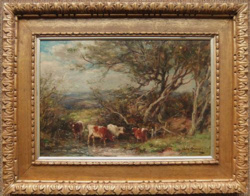 fig 1. An impressionist oil painting showing four cattle drinking from a pool beneath mature trees under a cloudy sky.