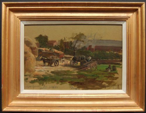 fig 1. An impressionistic 1893 oil painting featuring an agricultural scene with a steam threshing engine, horses, cart, and haystacks in earthy brown tones.